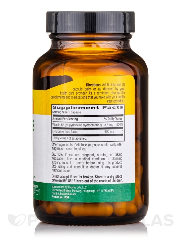 L-Tyrosine 500 mg with B-6 - 100 Vegetarian Capsules - Alternate View 1