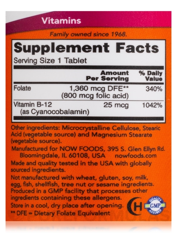 Folic Acid 800 mcg with Vitamin B-12 25 mcg - 250 Tablets - Alternate View 3