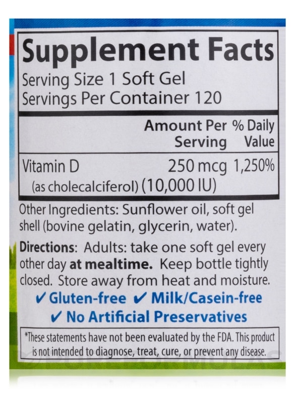 Vitamin D3 10,000 IU (250 mcg) - 120 Soft Gels - Alternate View 3
