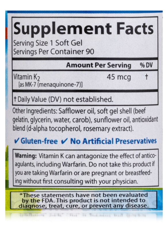 Vitamin K2 as MK-7 (Menaquinone) 45 mcg - 90 Soft Gels - Alternate View 3