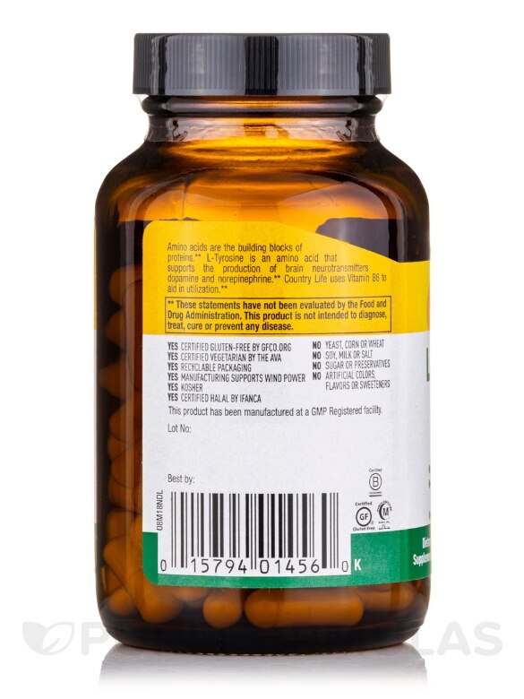 L-Tyrosine 500 mg with B-6 - 100 Vegetarian Capsules - Alternate View 2