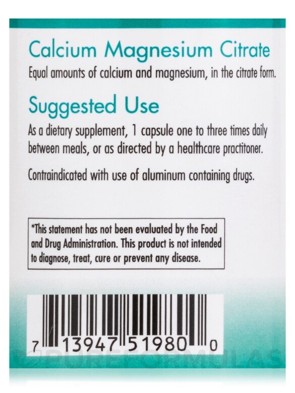 Calcium Magnesium Citrate - 100 Vegetarian Capsules - Alternate View 4