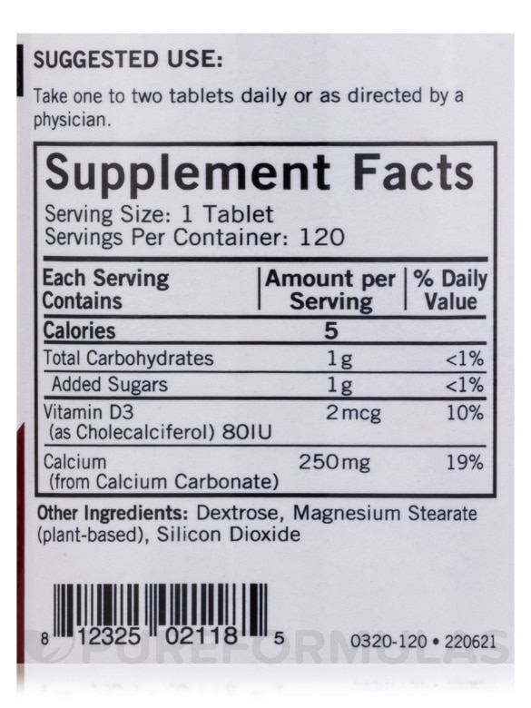 Calcium 250 mg with Vitamin D-3 Chewable - 120 Tablets - Alternate View 3