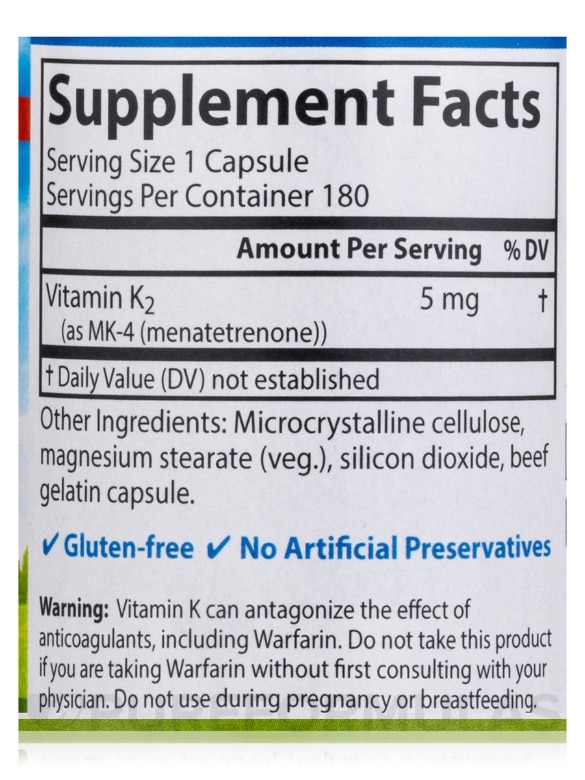 Vitamin K2 as MK-4 (Menatetrenone) 5 mg - 180 Capsules - Alternate View 3