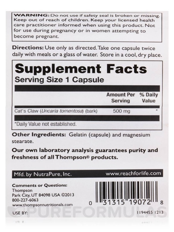 Cat's Claw 500 mg - 60 Capsules - Alternate View 4