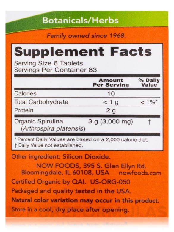 Spirulina 500 mg, Organic - 500 Tablets - Alternate View 3