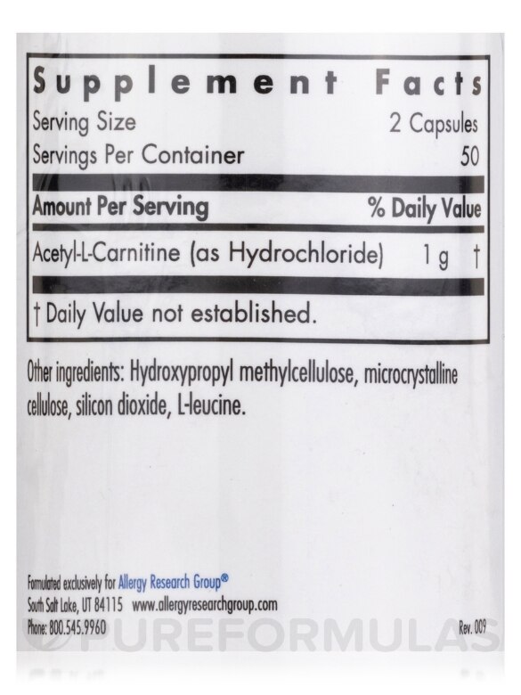 Acetyl-L-Carnitine 500 mg - 100 Vegetarian Capsules - Alternate View 3