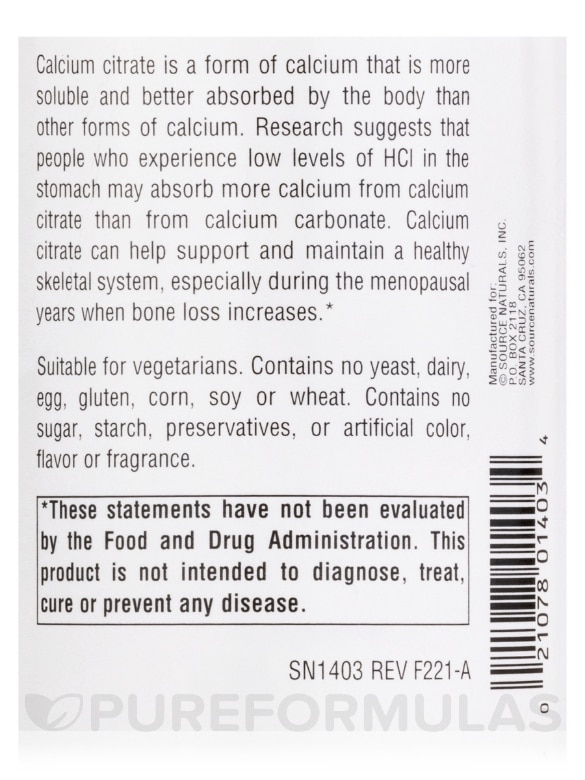Calcium Citrate - 180 Tablets - Alternate View 4