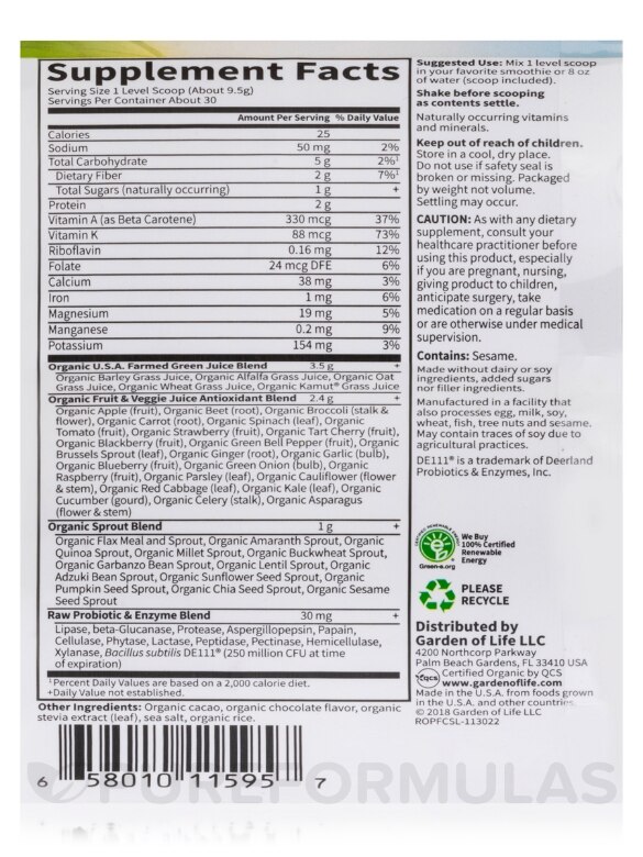 Raw Organic Perfect Food® Green Superfood Juiced Greens Powder, Chocolate Flavor - 11.9 oz (338 Grams) - Alternate View 4