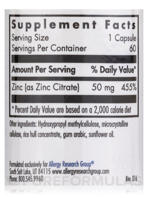 Zinc Citrate 50 mg - 60 Vegetarian Capsules - Alternate View 3