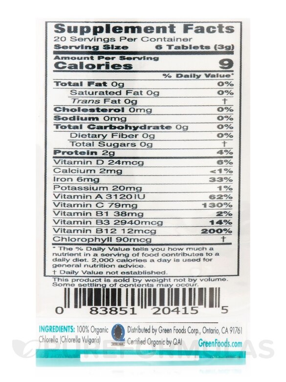 Organic Chlorella 500 mg - 120 Tablets (2.1 oz / 60 Grams) - Alternate View 3