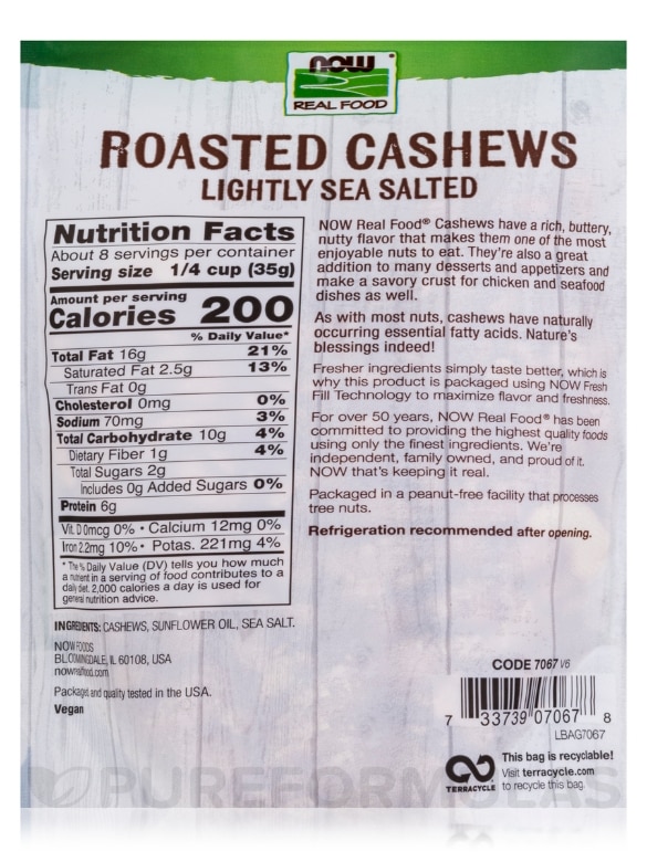 NOW Real Food® - Cashews (Roasted & Lightly Sea Salted) - 10 oz (284 Grams) - Alternate View 2