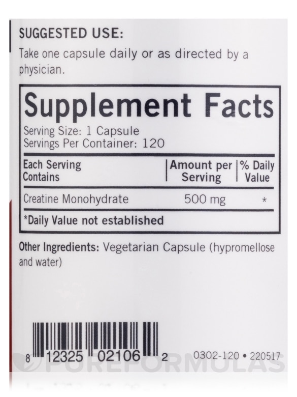 Creatine 500 mg -Hypoallergenic - 120 Capsules - Alternate View 3