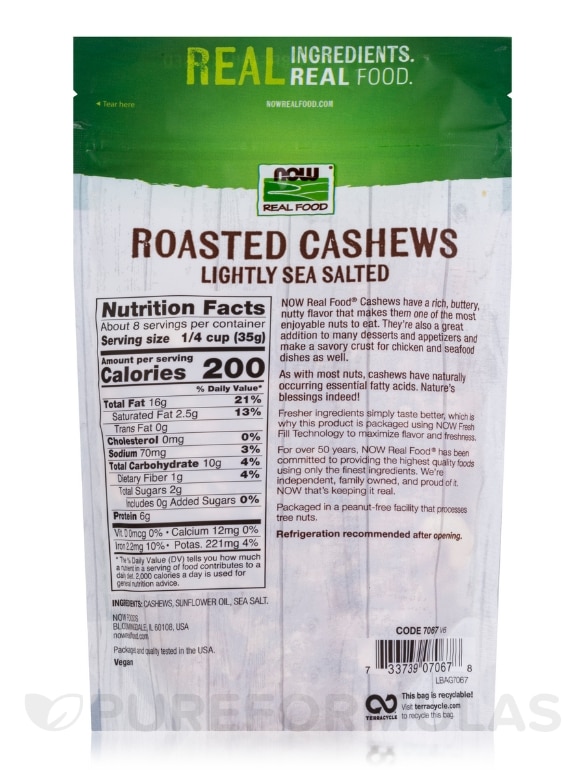NOW Real Food® - Cashews (Roasted & Lightly Sea Salted) - 10 oz (284 Grams) - Alternate View 1