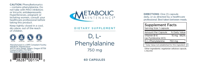 D,L-Phenylalanine 750 mg - 60 Capsules - Alternate View 1