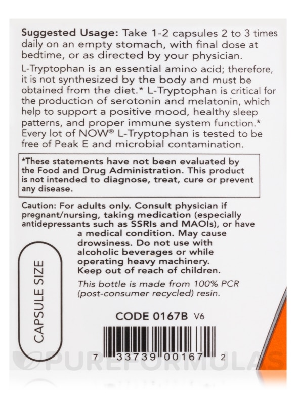 L-Tryptophan 500 mg - 120 Veg Capsules - Alternate View 4