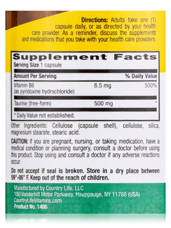 Taurine 500 mg with B6 - 100 Vegan Capsules - Alternate View 3