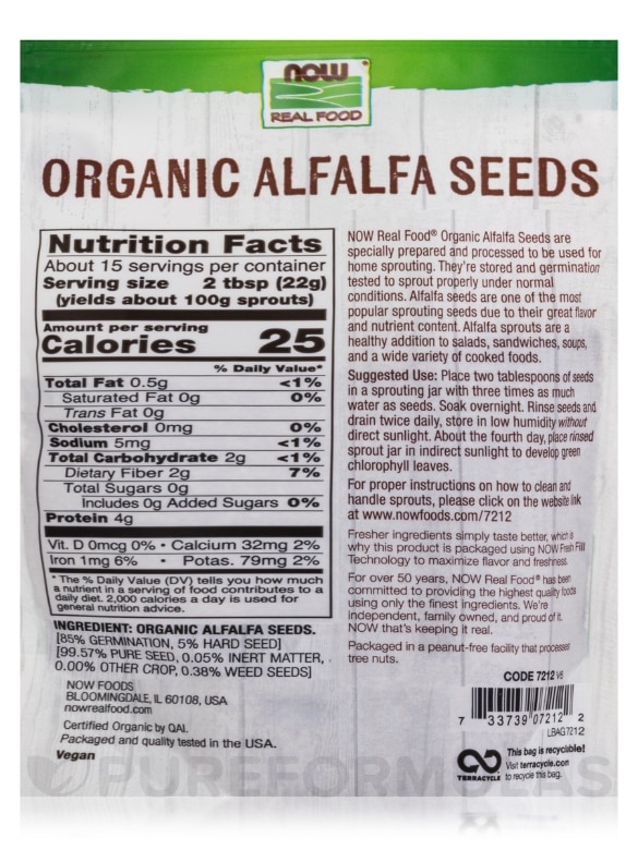 NOW Real Food® - Alfalfa Seeds for Sprouting (Organic) - 12 oz (340 Grams) - Alternate View 2