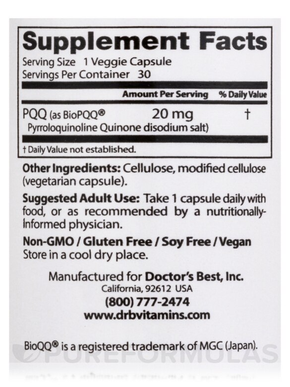 PQQ with BioPQQ™ 20 mg - 30 Veggie Capsules - Alternate View 3