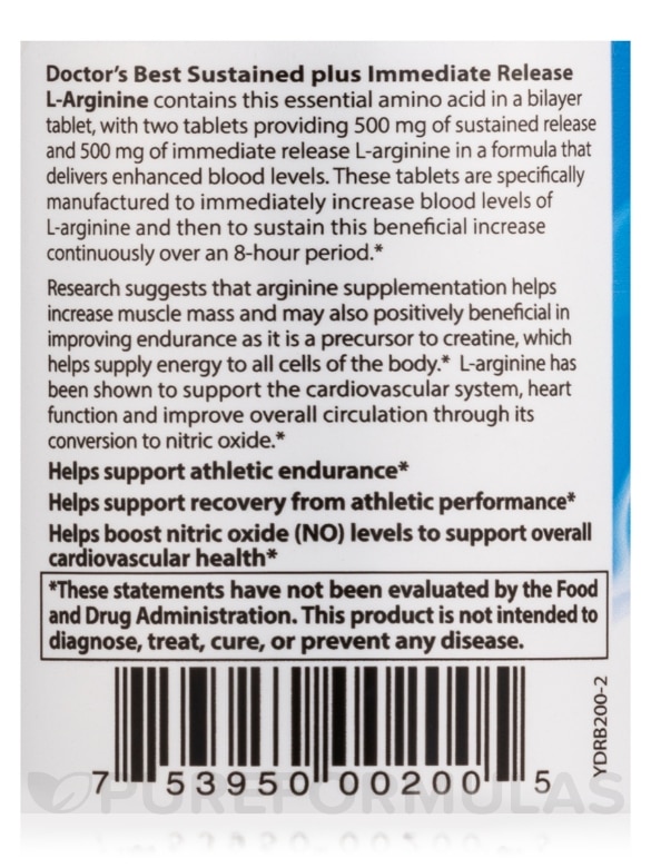 Sustained plus Immediate Release L-Arginine 500 mg - 120 Bilayer Tablets - Alternate View 4