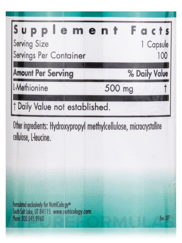 L-Methionine (Free Form Amino Acid) - 100 Vegetarian Capsules - Alternate View 3