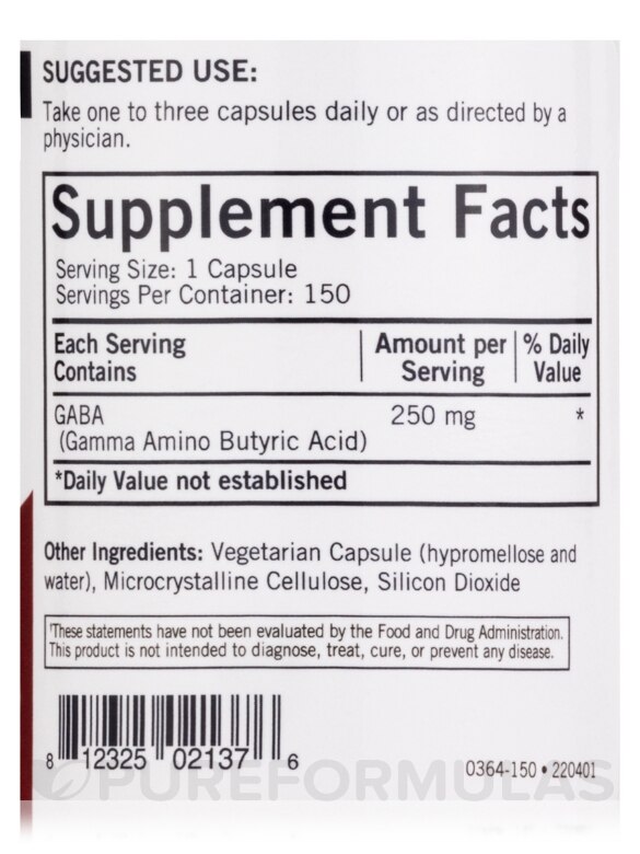 GABA 250 mg -Hypoallergenic - 150 Vegetarian Capsules - Alternate View 3