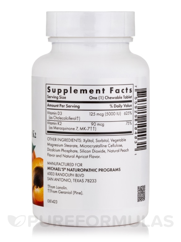 Vitamin D3 (5000 IU) with Vitamin K2, Natural Apricot Flavor - 90 Vegetarian Chewable Tablets - Alternate View 1