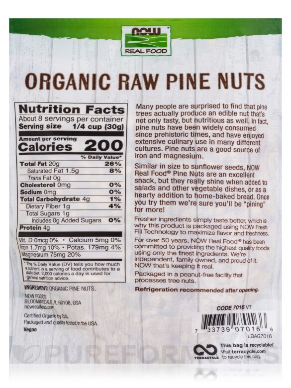 NOW Real Food® - Pine Nuts (Certified Organic) - 8 oz (227 Grams) - Alternate View 2