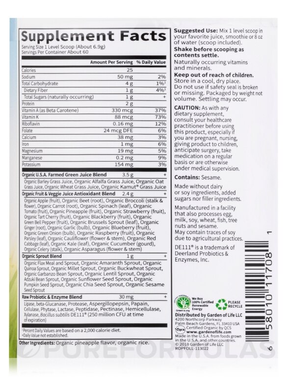 Raw Organic Perfect Food® Green Superfood Juiced Greens Powder, Pineapple Flavor - 14.6 oz (414 Grams) - Alternate View 3