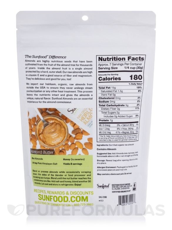 Raw Organic Heirloom Almonds - 8 oz (227 Grams) - Alternate View 1