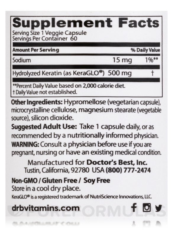 Hydrolyzed Keratin 500 mg - 60 Veggie Capsules - Alternate View 3