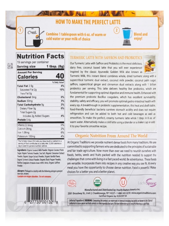 Organic Turmeric Latte with Saffron and Probiotics - 5.3 oz (150 Grams) - Alternate View 2