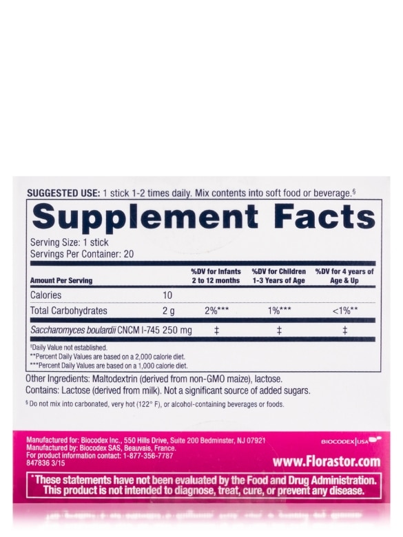 Florastor Kids 250 mg - Daily Probiotic Supplement Powder (Unflavored) - 20 Sticks - Alternate View 5