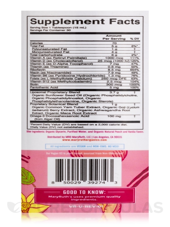 Organic Women's Multivitamin Liposomal, Vanilla Peach Flavor - 15.22 fl. oz (450 ml) - Alternate View 3