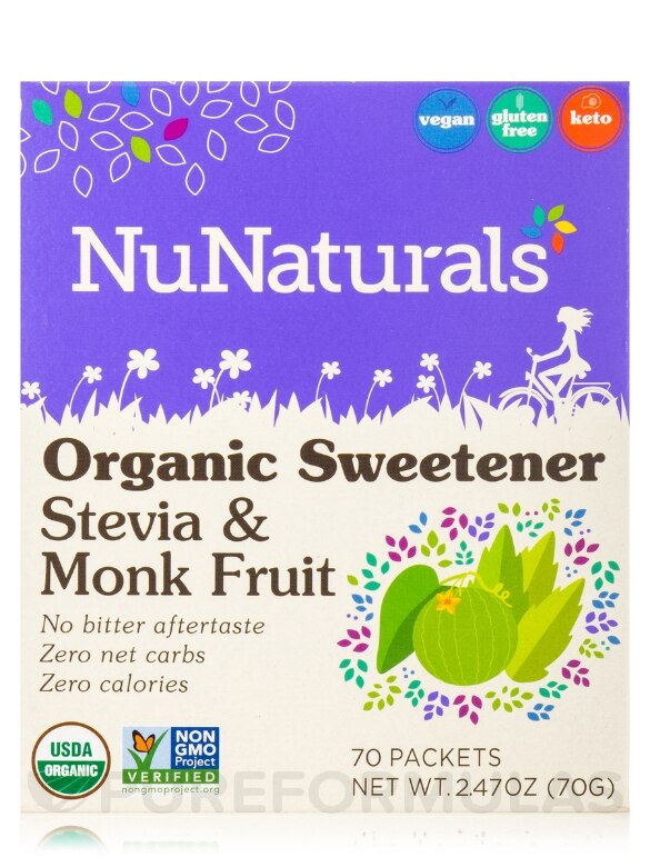Organic Sweetener Stevia and Monk Fruit - 1 Box of 70 Packets (2.47 oz / 70 Grams) - Alternate View 1