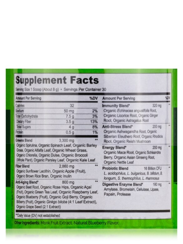 Raw Greens Whole Food Powder, Wild Berry Flavor - 8.5 oz (240 Grams) - Alternate View 6