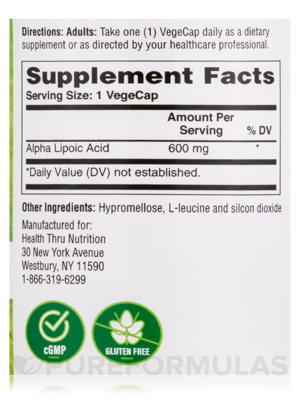 Alpha Lipoic Acid (ALA) 600 mg - 120 VegeCaps - Alternate View 3