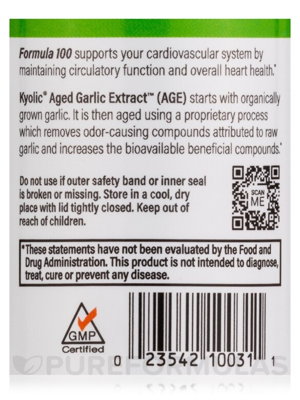 Kyolic® Aged Garlic Extract™ - Cardiovascular Health Formula 100 - 100 Tablets - Alternate View 4