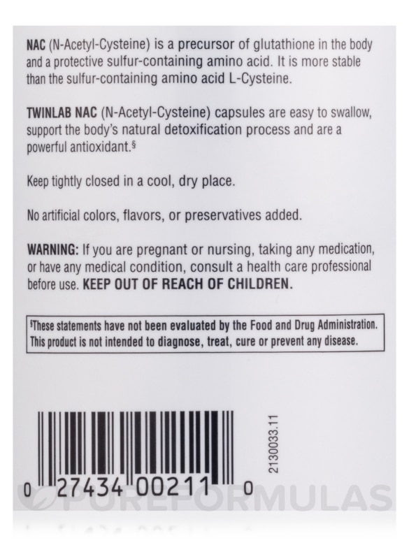 NAC (N-Acetyl-Cysteine) 600 mg - 60 Capsules - Twinlab | PureFormulas