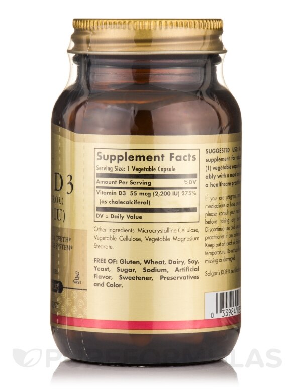 Vitamin D3 (Cholecalciferol) 55 mcg (2200 IU) - 100 Vegetable Capsules - Alternate View 1