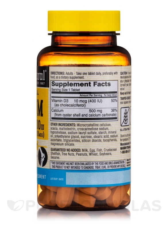 Calcium 500 mg | Vitamin D3 400 IU (10 mcg) - 60 Tablets - Alternate View 1