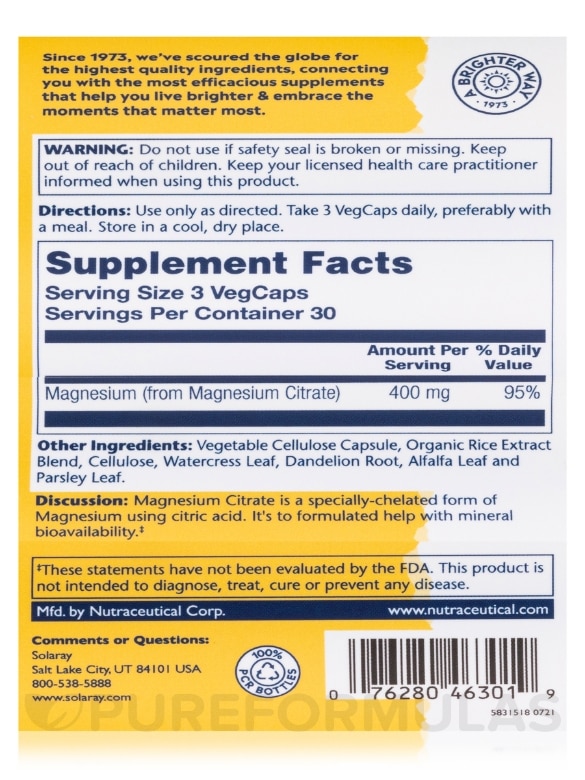 Magnesium Citrate 400 mg - 90 VegCaps - Alternate View 4