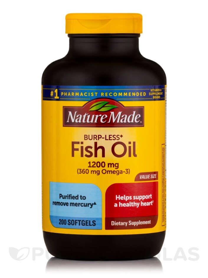 Fish Oil 1200 mg Omega-3 360 mg Burp-Less - 200 Softgels - Nature Made |  PureFormulas