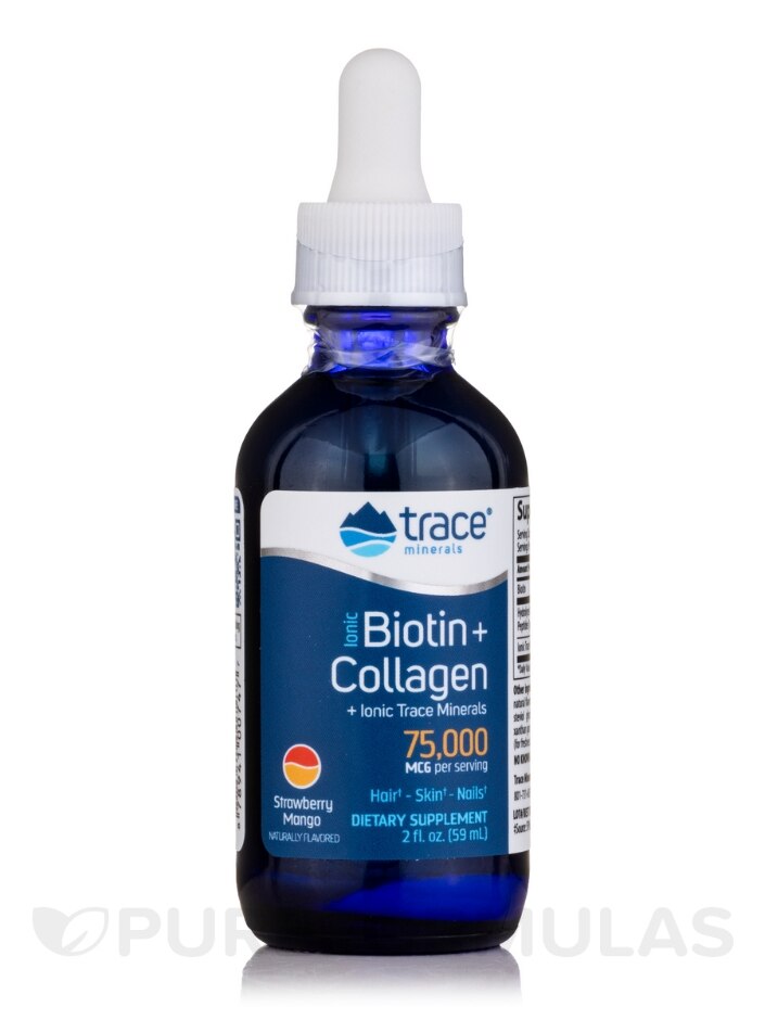 Liquid Ionic Biotin + Collagen 75000 mcg, Strawberry-Mango Flavor - 2 fl.  oz (59 mL) - Trace Minerals Research | PureFormulas