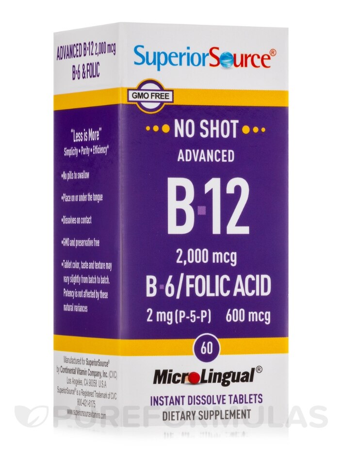 NO SHOT Advanced Vitamin B12 2,000 mcg / B6 (P-5-P) 2 mg / Folic Acid 600  mcg - 60 MicroLingual® Tablets - Superior Source | PureFormulas