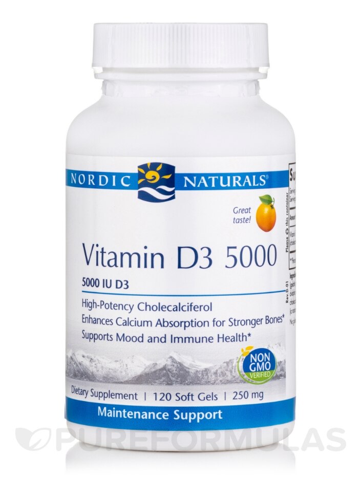 Vitamin D3 5000 I.U. Orange Flavor - 120 Soft Gels - Nordic Naturals |  PureFormulas