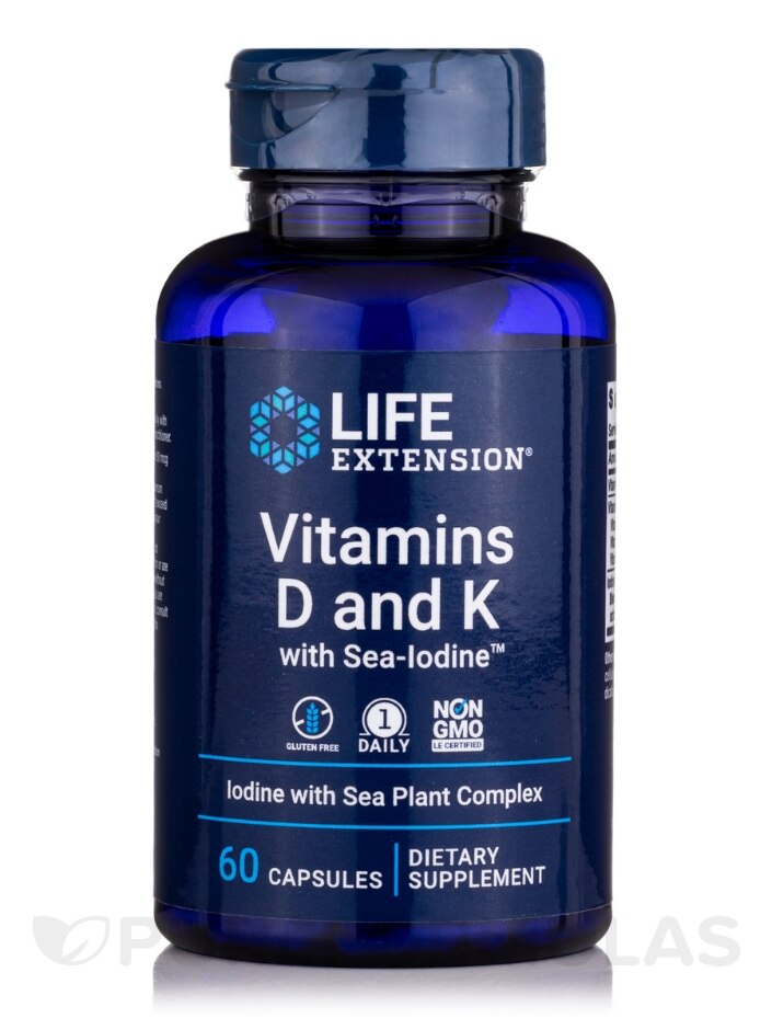Vitamins D and K with Sea-Iodine - 60 Capsules - Life Extension |  PureFormulas
