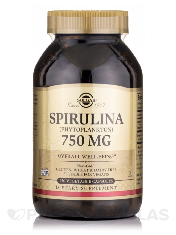 Spirulina 750 mg - 250 Vegetable Capsules - Solgar Vitamin and Herb |  PureFormulas