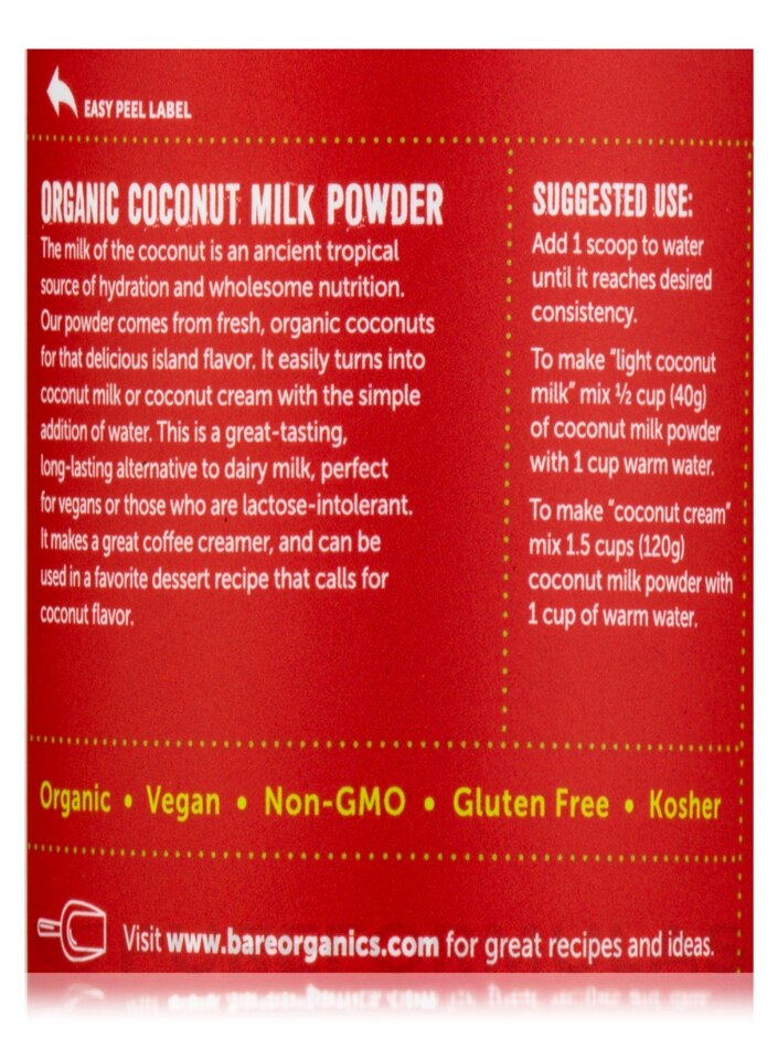 Organic Coconut Milk Powder - 8 oz (227 Grams) - BareOrganics | PureFormulas