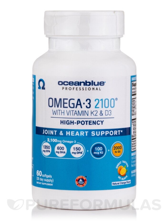 Omega-3 2100® with Vitamin K2 & D3, Natural Orange Flavor - 60 Softgels -  OceanBlue Omega | PureFormulas